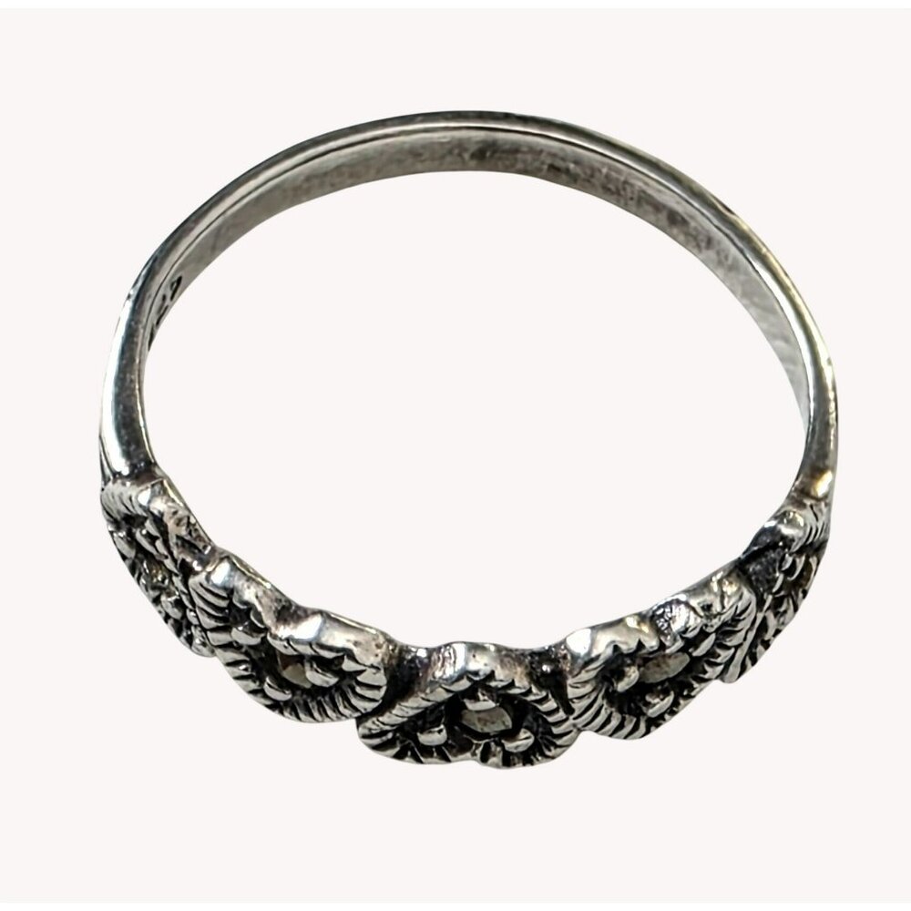 Vintage Sterling Silver Heart Ring Band Marcasite Beaded Carved Handcrafted 6.25 - Picture 6 of 9